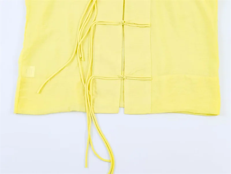 Women's Shirt 2026 Summer New Yellow Long Sleeve with Knot Button Decoration Loose Fit Beach Vacation Elegant Temperament