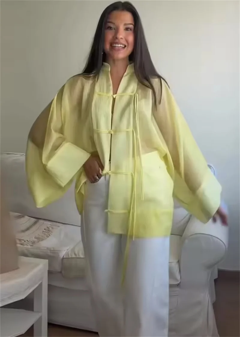 Women's Shirt 2026 Summer New Yellow Long Sleeve with Knot Button Decoration Loose Fit Beach Vacation Elegant Temperament