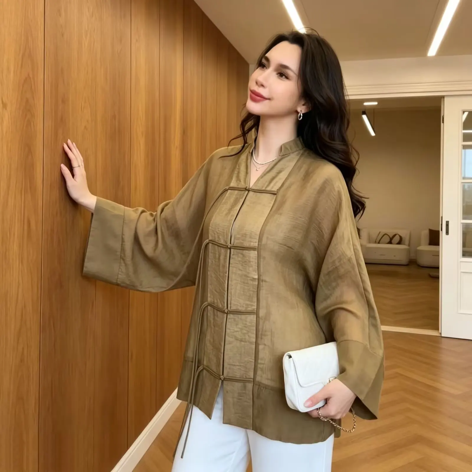 Women's Shirt 2026 Summer New Yellow Long Sleeve with Knot Button Decoration Loose Fit Beach Vacation Elegant Temperament