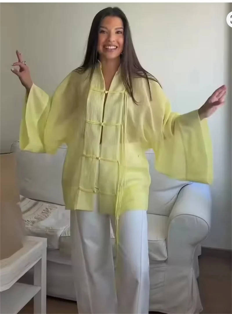 Women's Shirt 2026 Summer New Yellow Long Sleeve with Knot Button Decoration Loose Fit Beach Vacation Elegant Temperament