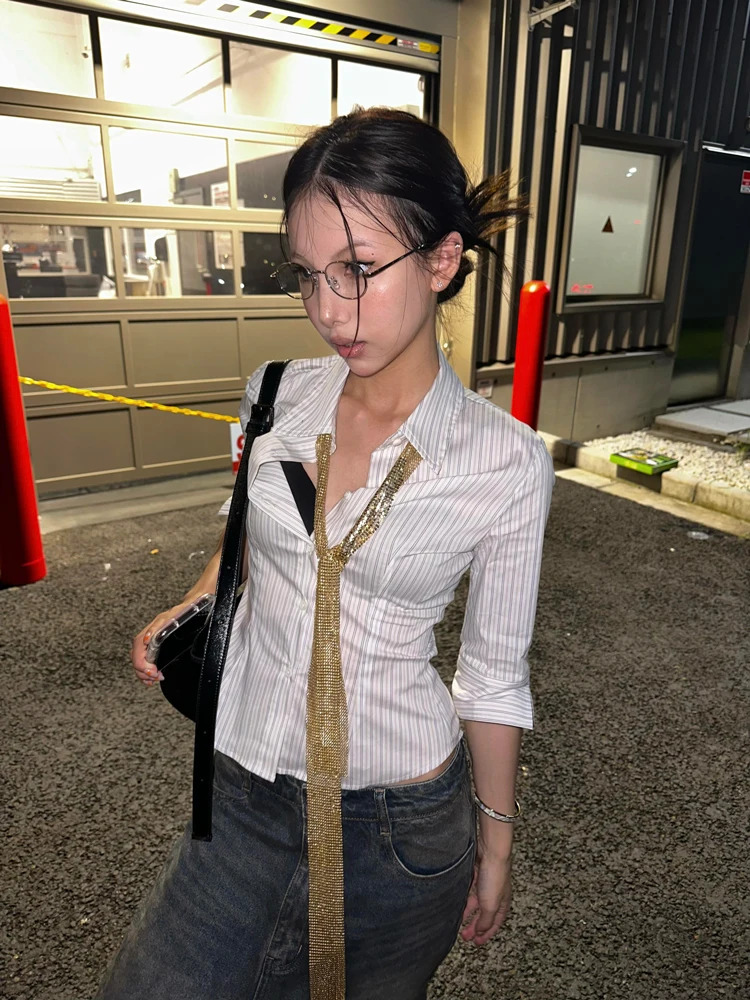 Genayooa Korean Fashion Shirt Women Striped Three Quarter Slim Shirt Y2k Vintage Tops Streetwear Japanese 2000s Retro Shirts