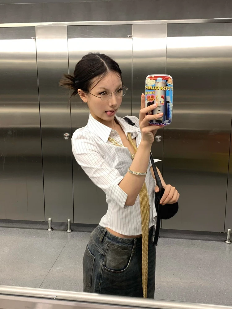 Genayooa Korean Fashion Shirt Women Striped Three Quarter Slim Shirt Y2k Vintage Tops Streetwear Japanese 2000s Retro Shirts
