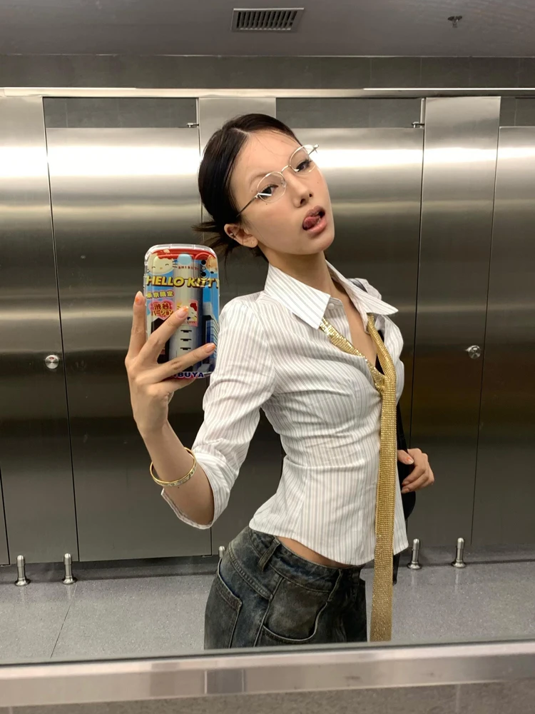 Genayooa Korean Fashion Shirt Women Striped Three Quarter Slim Shirt Y2k Vintage Tops Streetwear Japanese 2000s Retro Shirts
