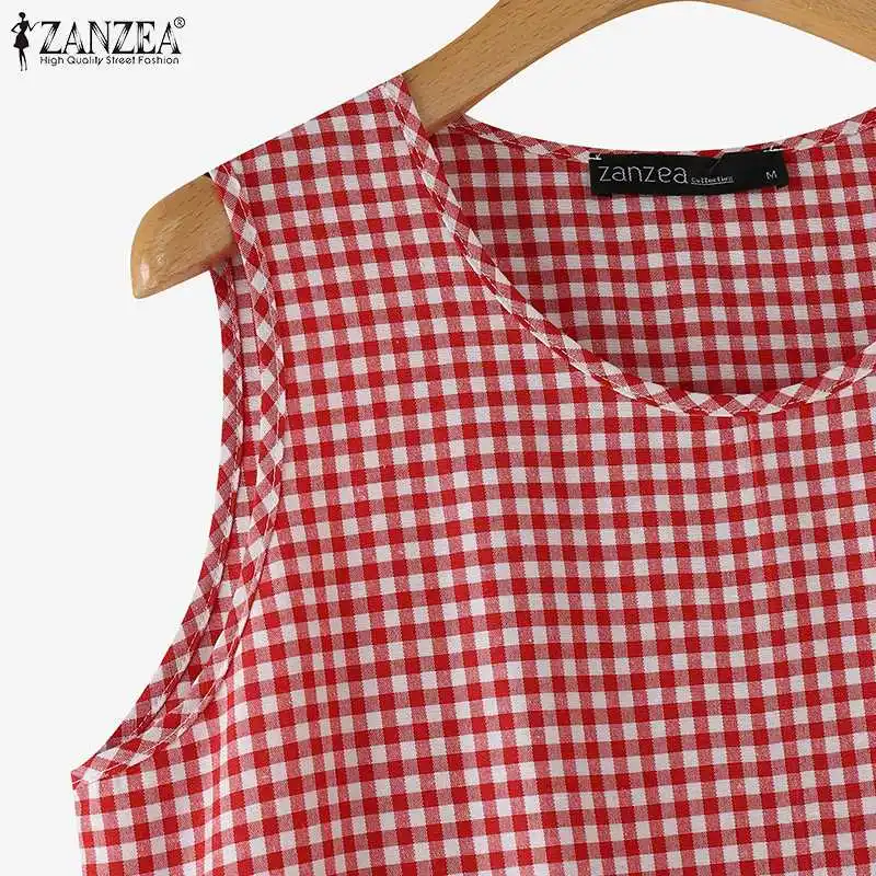 ZANZEA Summer Plaid Checked Sundress Sleeveless Bohemain Holiday Dresses Women Elegant O Neck Dress Casual Baggy Work Vestidos