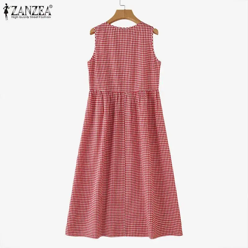 ZANZEA Summer Plaid Checked Sundress Sleeveless Bohemain Holiday Dresses Women Elegant O Neck Dress Casual Baggy Work Vestidos