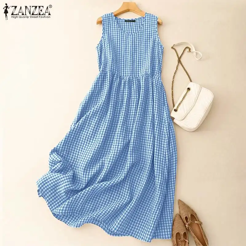 ZANZEA Summer Plaid Checked Sundress Sleeveless Bohemain Holiday Dresses Women Elegant O Neck Dress Casual Baggy Work Vestidos