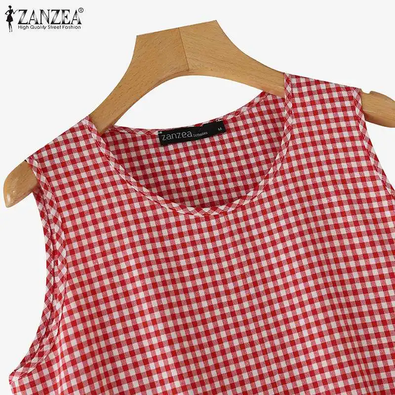 ZANZEA Summer Plaid Checked Sundress Sleeveless Bohemain Holiday Dresses Women Elegant O Neck Dress Casual Baggy Work Vestidos