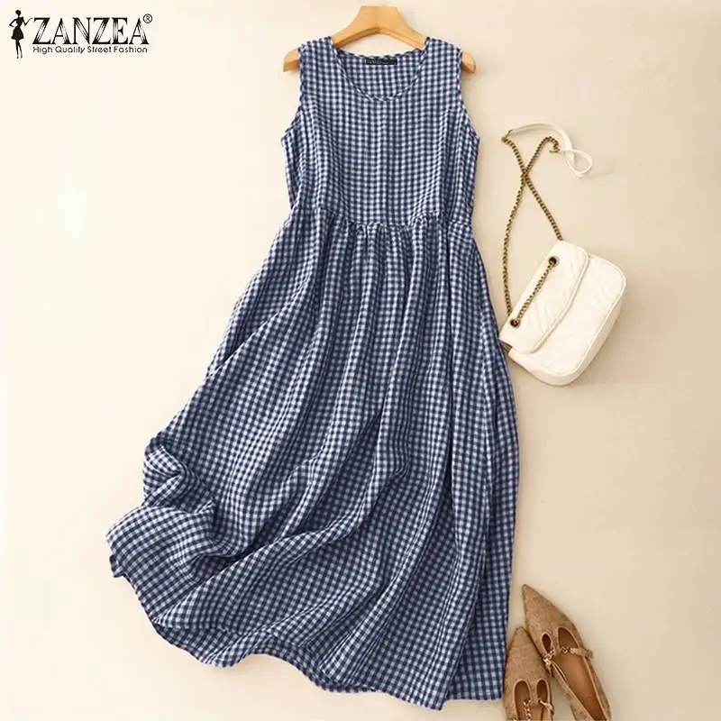 ZANZEA Summer Plaid Checked Sundress Sleeveless Bohemain Holiday Dresses Women Elegant O Neck Dress Casual Baggy Work Vestidos