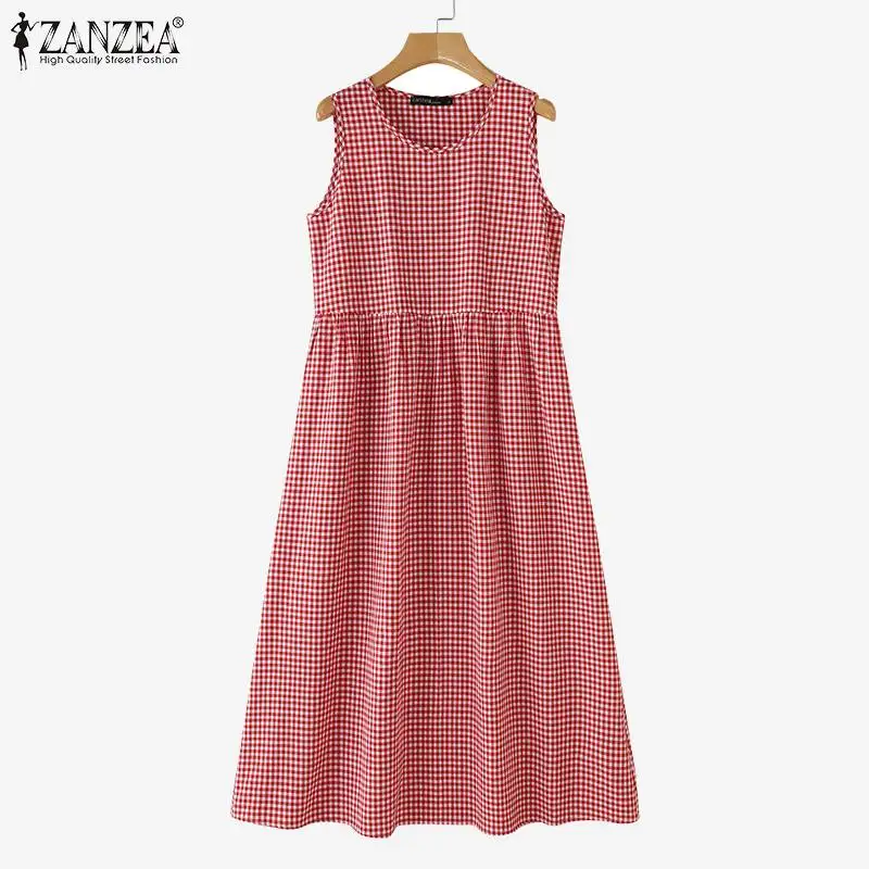 ZANZEA Summer Plaid Checked Sundress Sleeveless Bohemain Holiday Dresses Women Elegant O Neck Dress Casual Baggy Work Vestidos