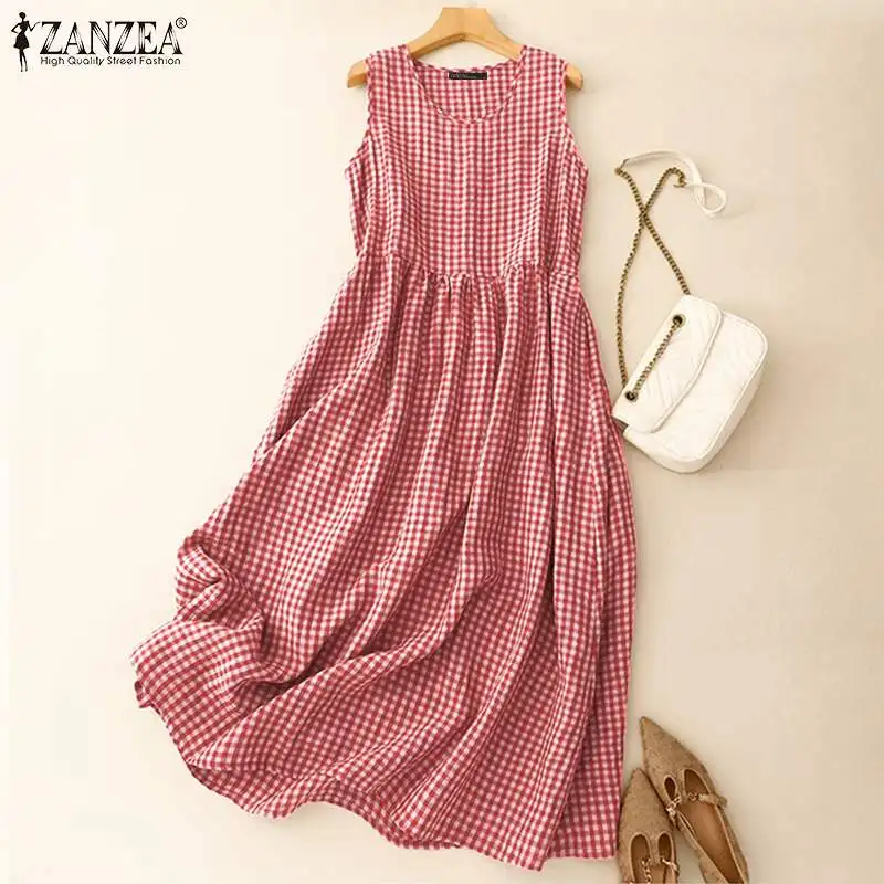 ZANZEA Summer Plaid Checked Sundress Sleeveless Bohemain Holiday Dresses Women Elegant O Neck Dress Casual Baggy Work Vestidos