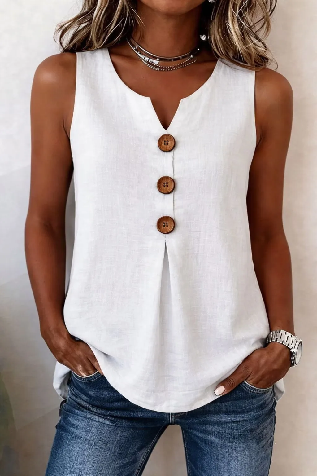 2026 European and American Cross-border New V-Neck Front-Button Sleeveless Vest with Pleated Hem, Relaxed Casual Women’s Top