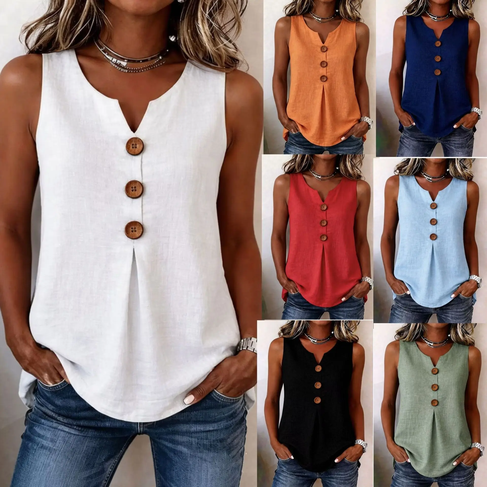 2026 European and American Cross-border New V-Neck Front-Button Sleeveless Vest with Pleated Hem, Relaxed Casual Women’s Top