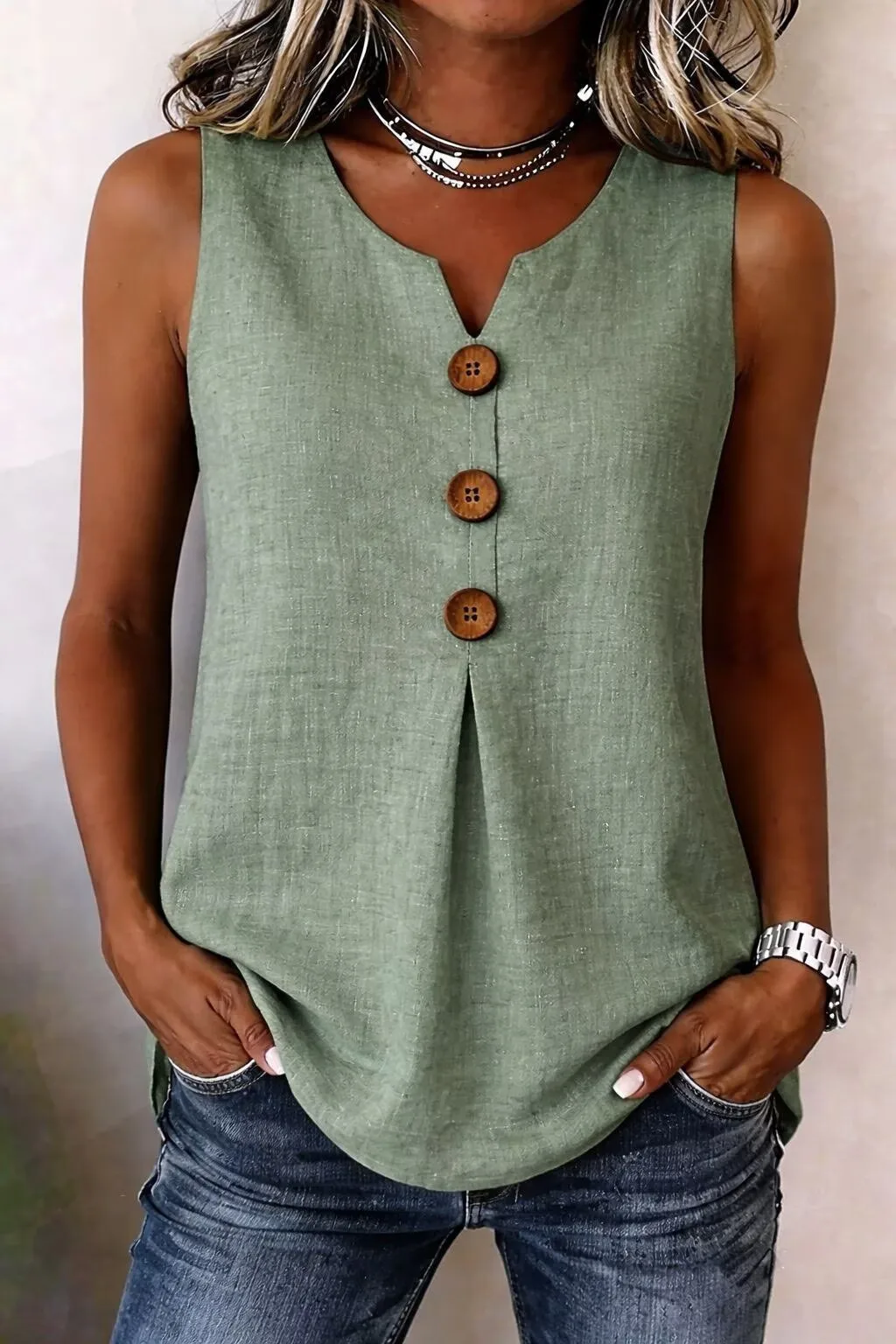 2026 European and American Cross-border New V-Neck Front-Button Sleeveless Vest with Pleated Hem, Relaxed Casual Women’s Top
