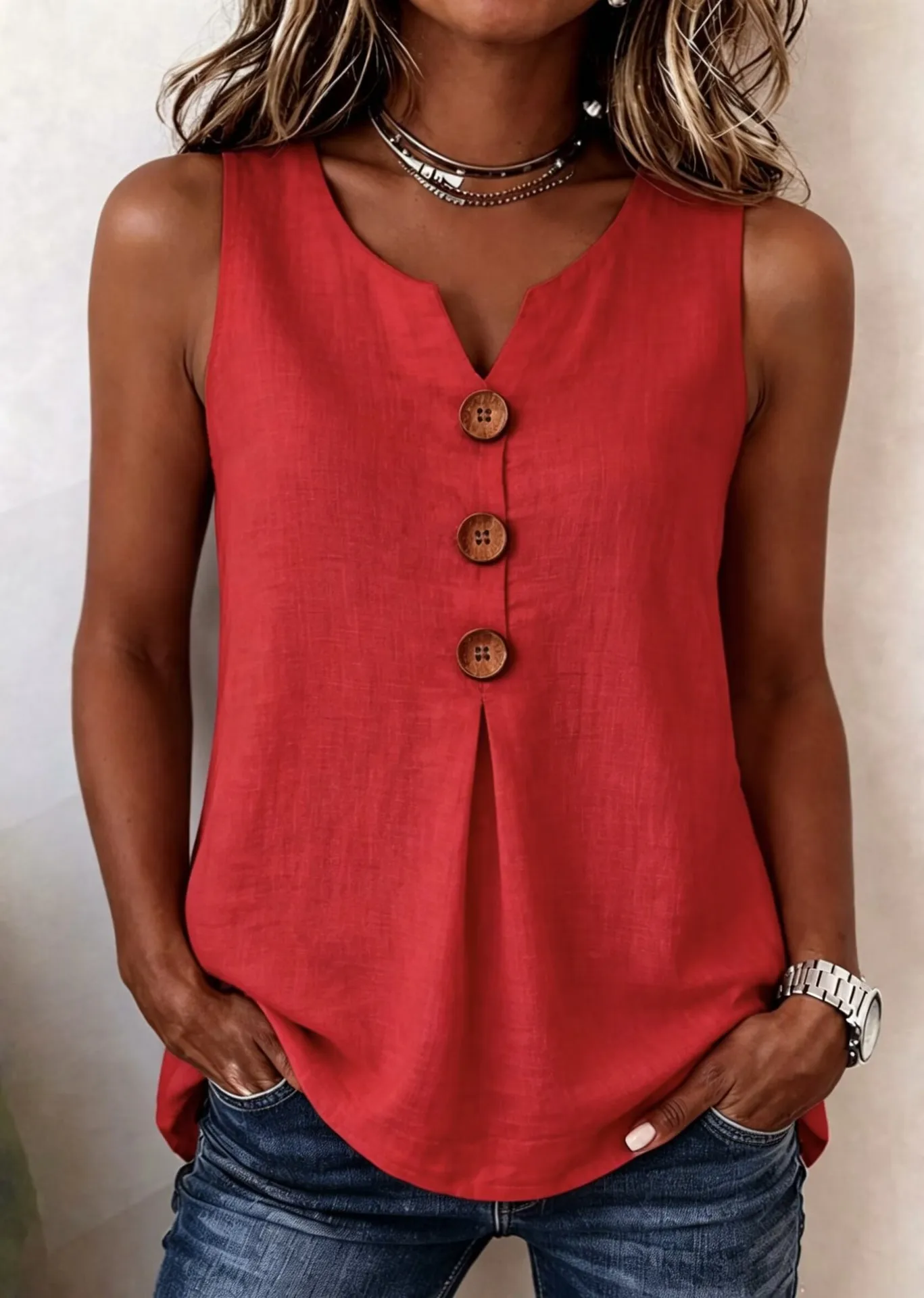 2026 European and American Cross-border New V-Neck Front-Button Sleeveless Vest with Pleated Hem, Relaxed Casual Women’s Top