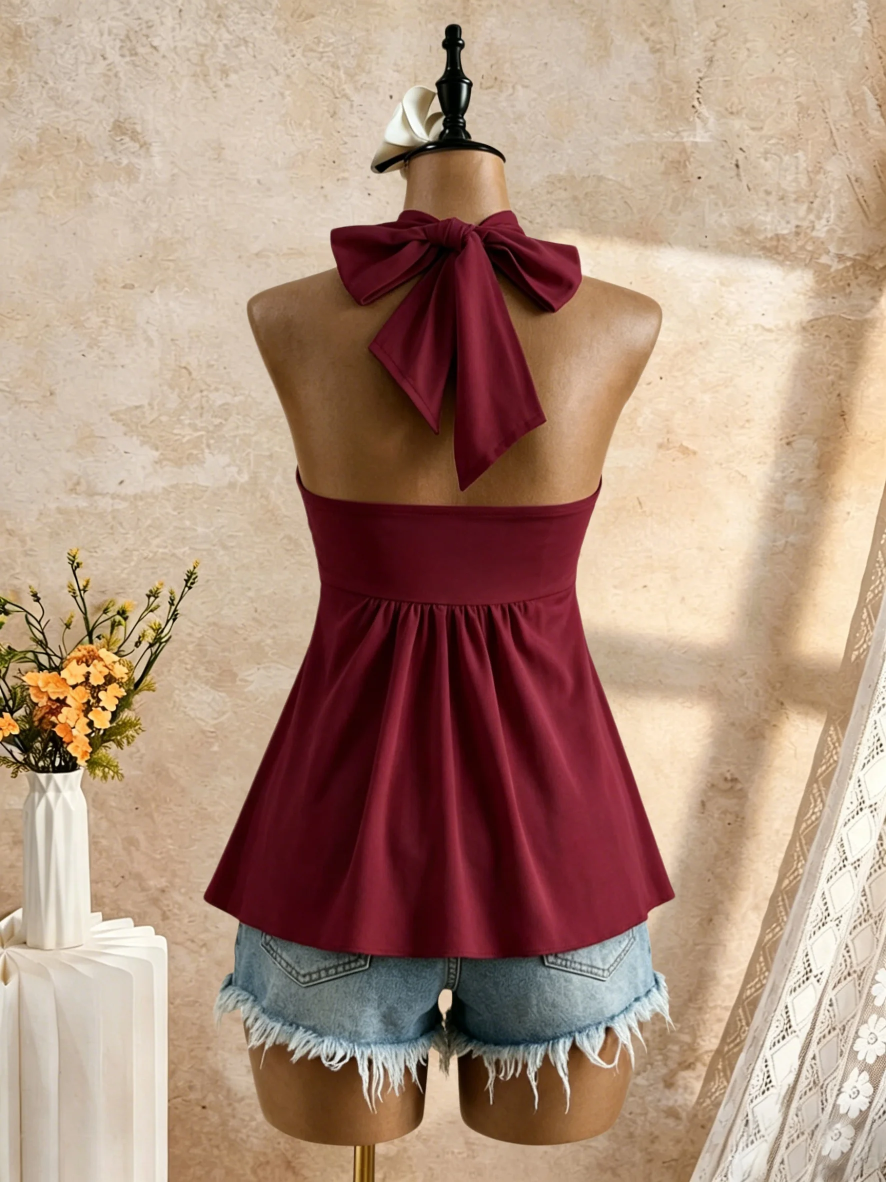 Women Halter Twist Front Sweetheart Neck Flared Peplum Camisole 2026 Summer Y2K Solid White Sleeveless Flowy Beach Vacation Tank