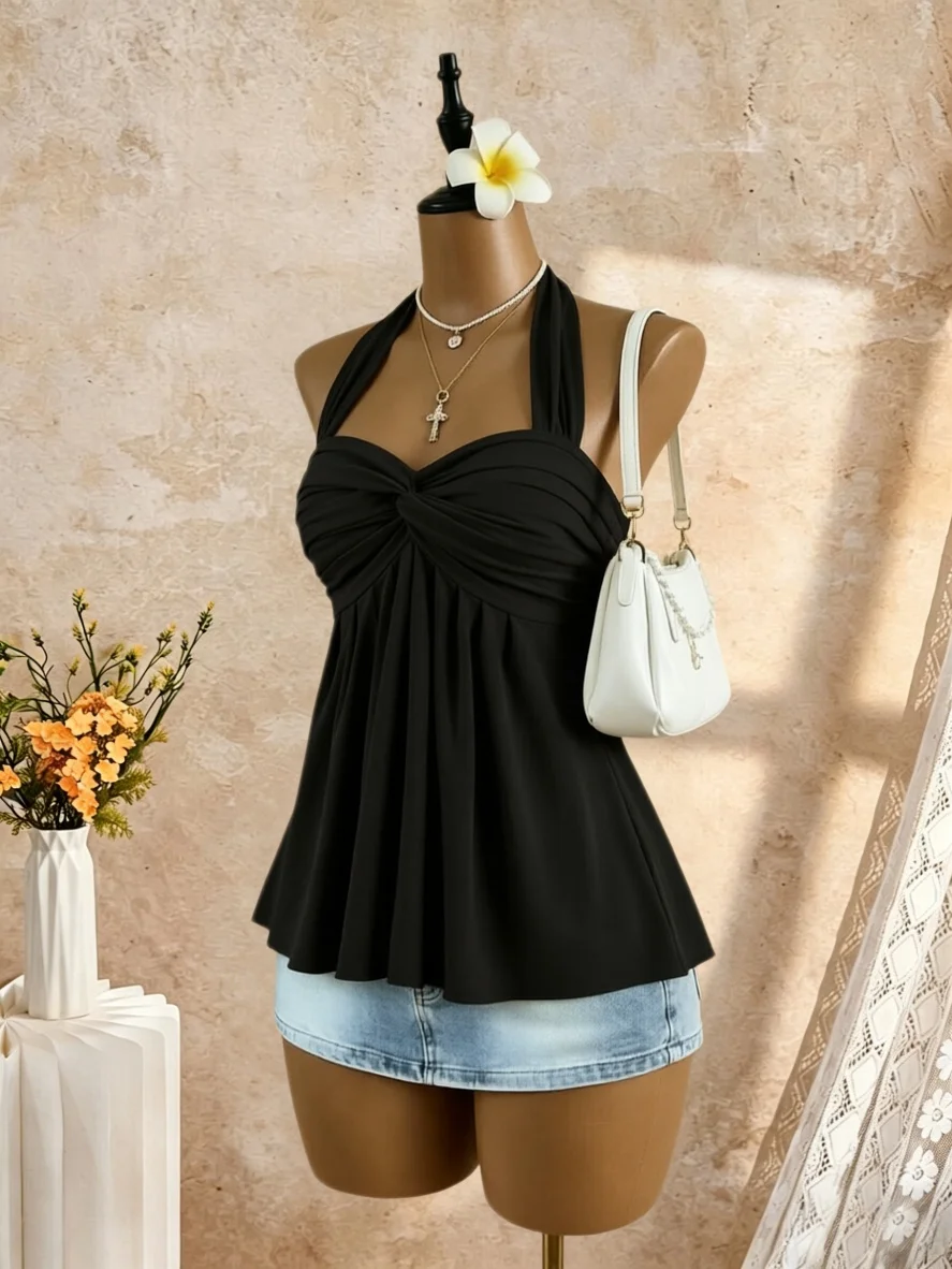 Women Halter Twist Front Sweetheart Neck Flared Peplum Camisole 2026 Summer Y2K Solid White Sleeveless Flowy Beach Vacation Tank