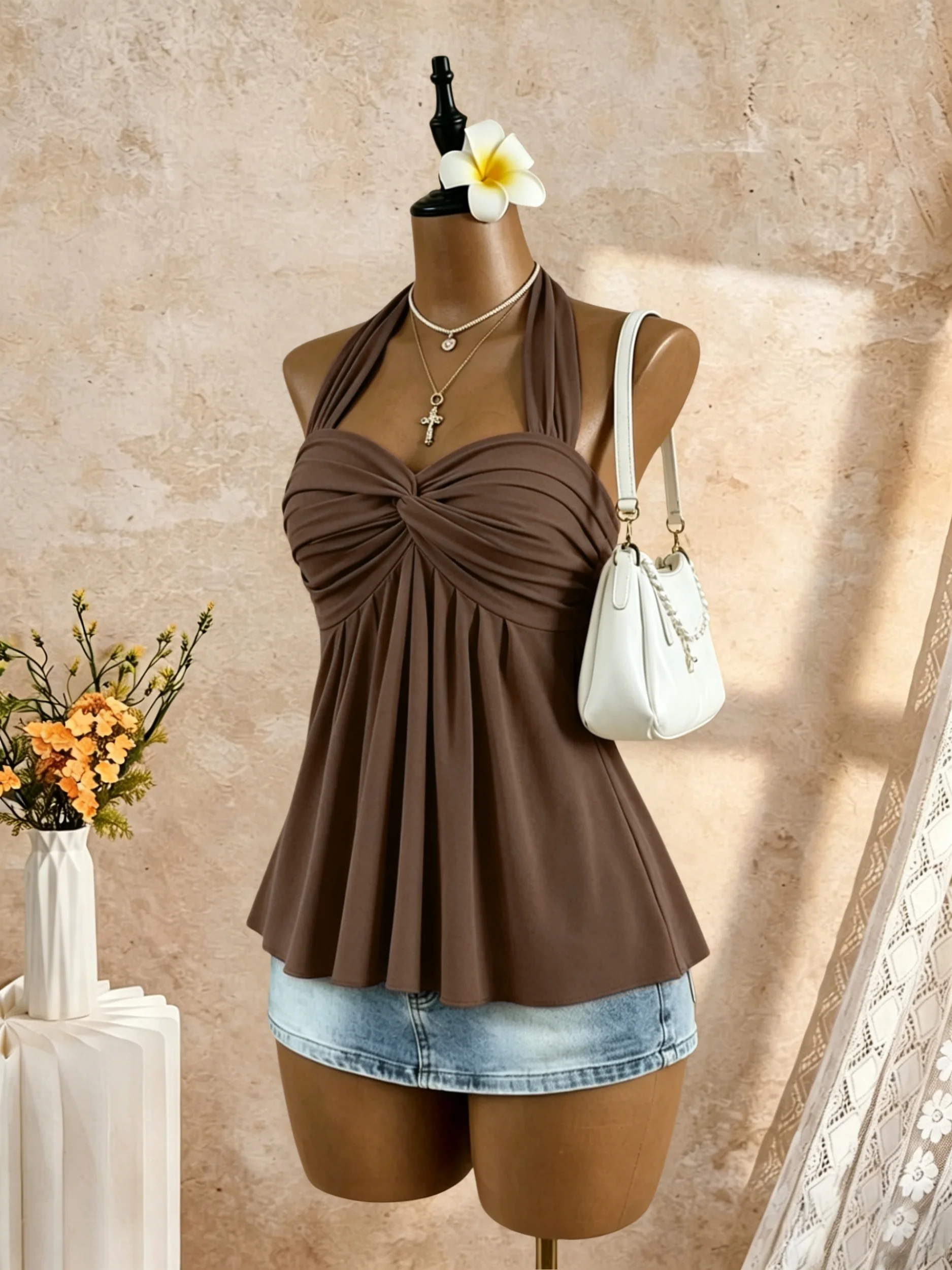 Women Halter Twist Front Sweetheart Neck Flared Peplum Camisole 2026 Summer Y2K Solid White Sleeveless Flowy Beach Vacation Tank