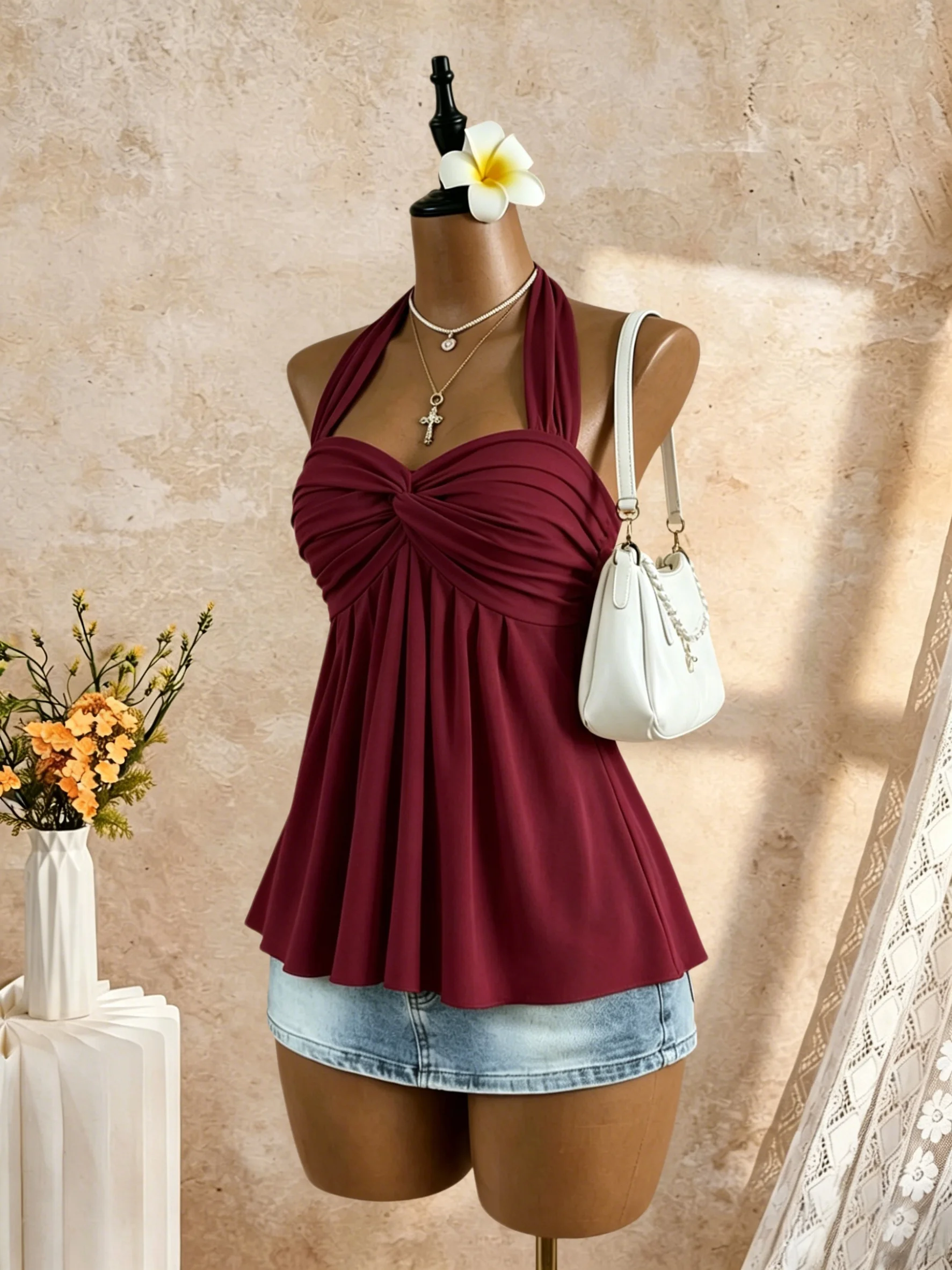 Women Halter Twist Front Sweetheart Neck Flared Peplum Camisole 2026 Summer Y2K Solid White Sleeveless Flowy Beach Vacation Tank