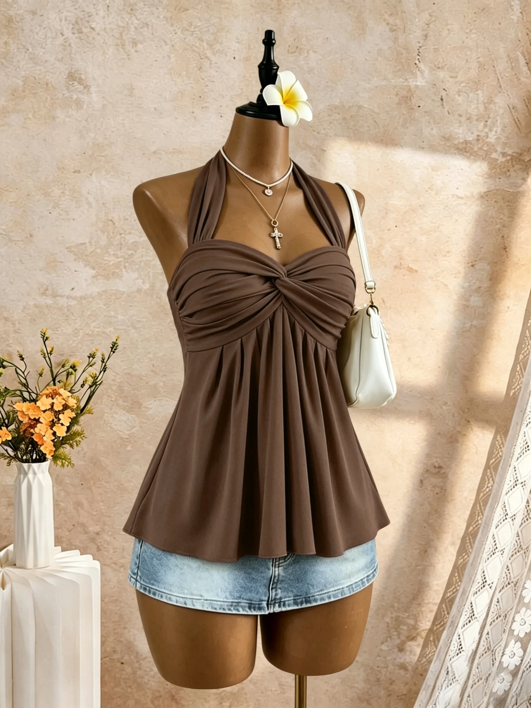 Women Halter Twist Front Sweetheart Neck Flared Peplum Camisole 2026 Summer Y2K Solid White Sleeveless Flowy Beach Vacation Tank