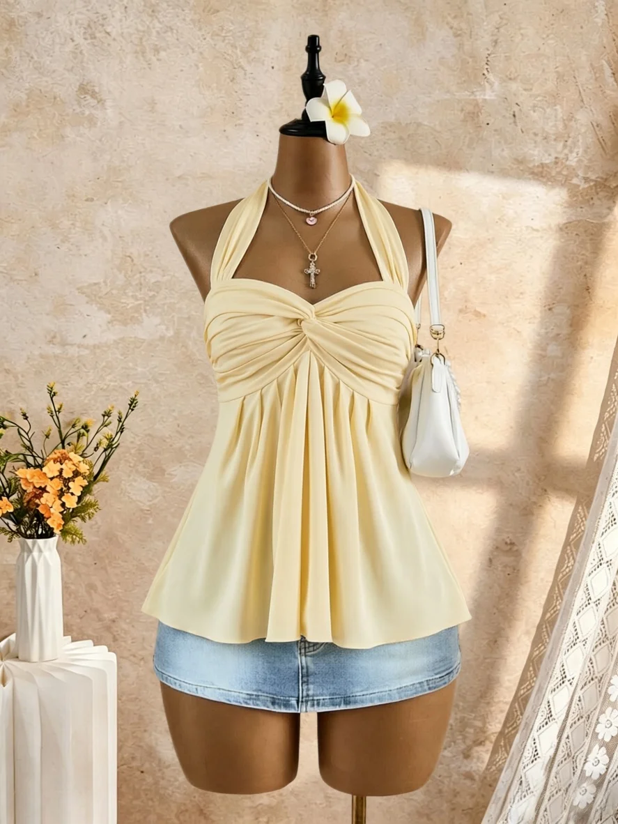 Women Halter Twist Front Sweetheart Neck Flared Peplum Camisole 2026 Summer Y2K Solid White Sleeveless Flowy Beach Vacation Tank