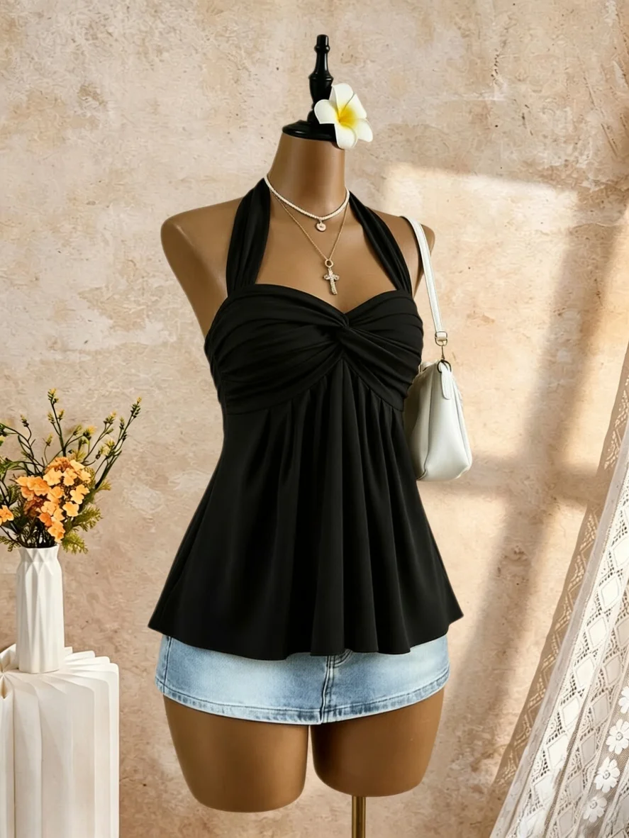 Women Halter Twist Front Sweetheart Neck Flared Peplum Camisole 2026 Summer Y2K Solid White Sleeveless Flowy Beach Vacation Tank