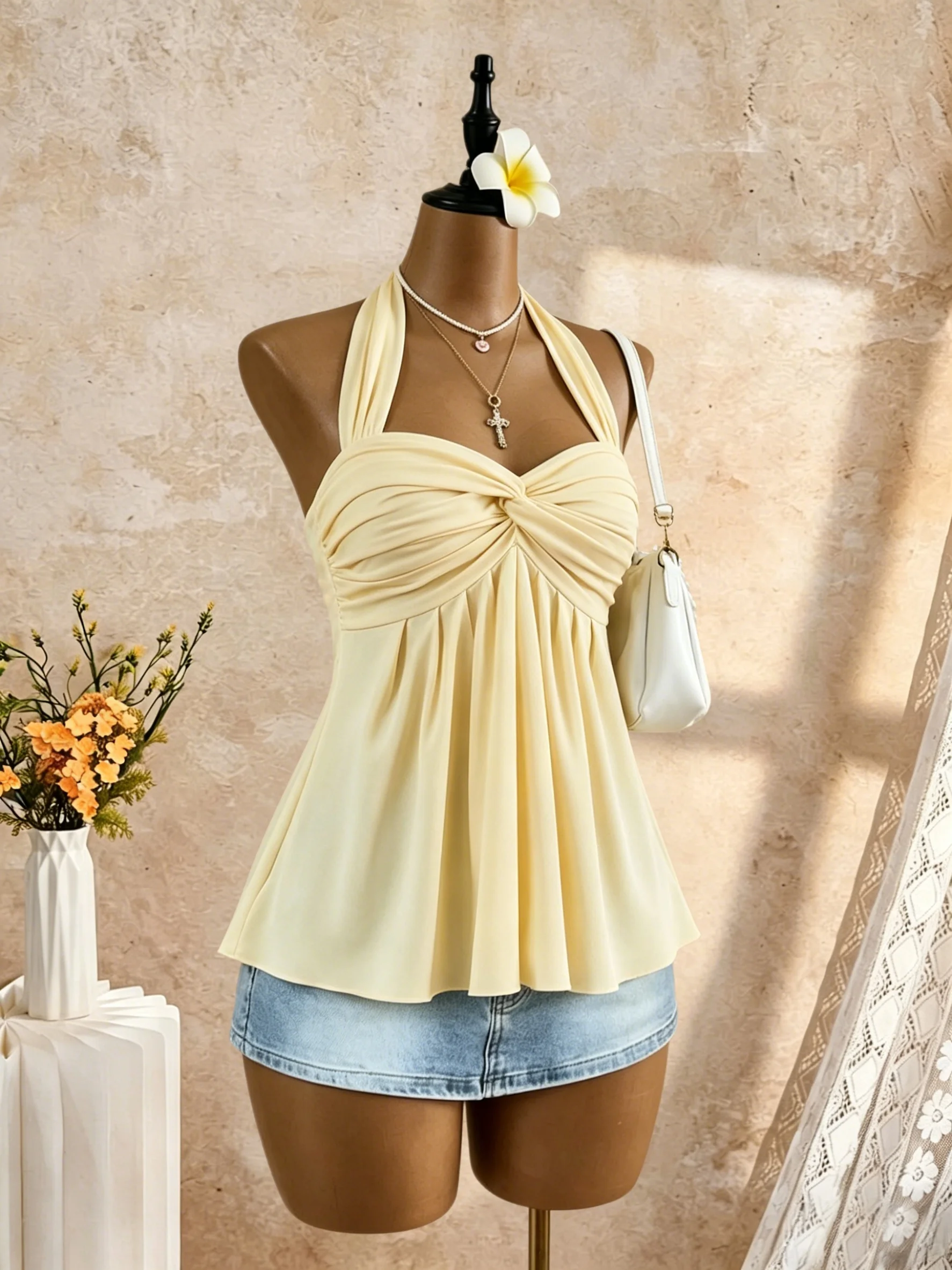 Women Halter Twist Front Sweetheart Neck Flared Peplum Camisole 2026 Summer Y2K Solid White Sleeveless Flowy Beach Vacation Tank