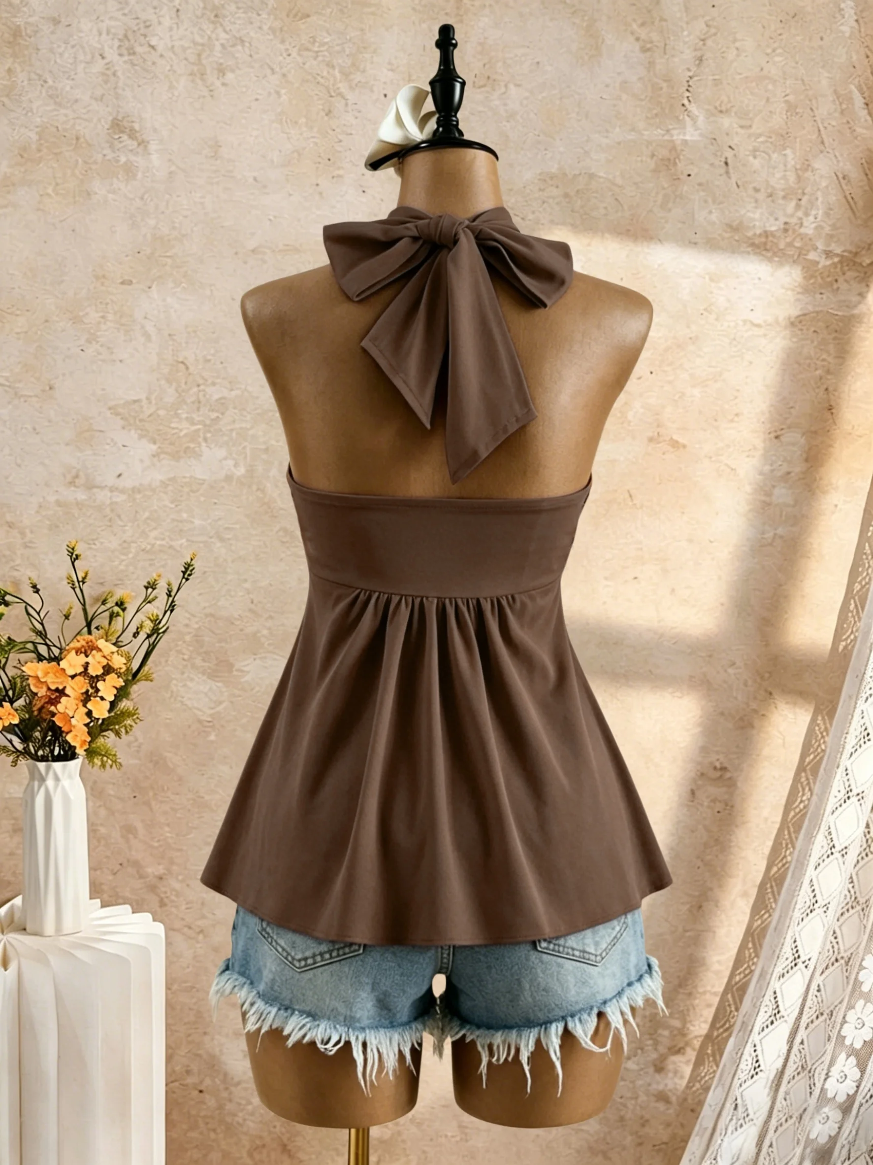 Women Halter Twist Front Sweetheart Neck Flared Peplum Camisole 2026 Summer Y2K Solid White Sleeveless Flowy Beach Vacation Tank