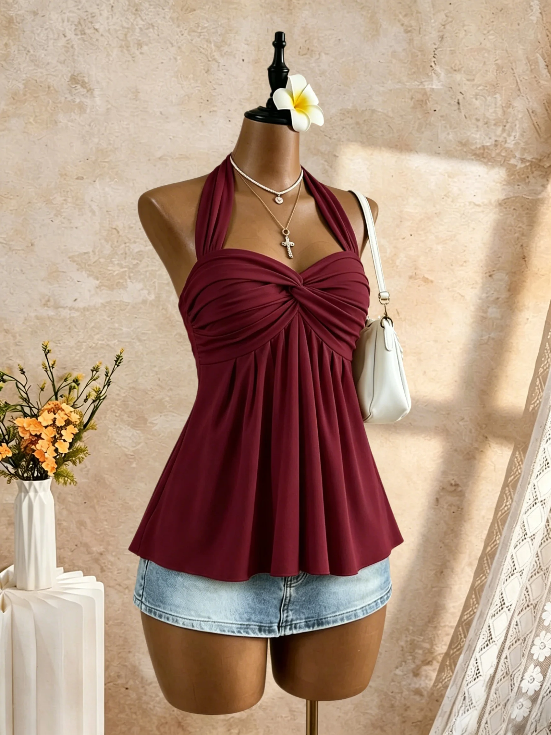Women Halter Twist Front Sweetheart Neck Flared Peplum Camisole 2026 Summer Y2K Solid White Sleeveless Flowy Beach Vacation Tank