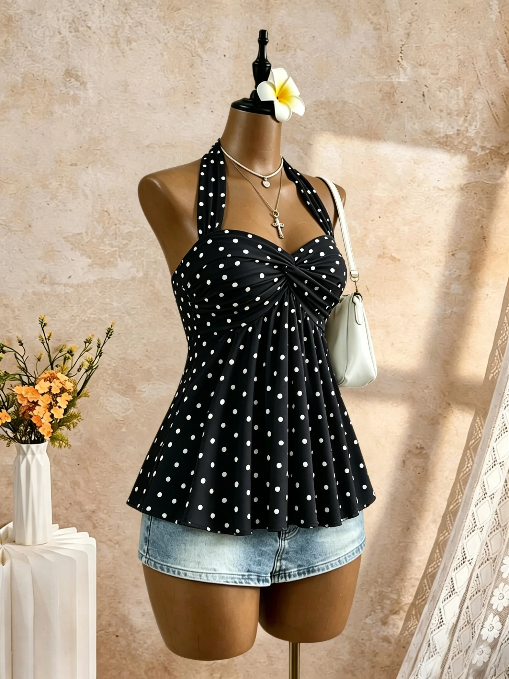 Women Halter Twist Front Sweetheart Neck Flared Peplum Camisole 2026 Summer Y2K Solid White Sleeveless Flowy Beach Vacation Tank