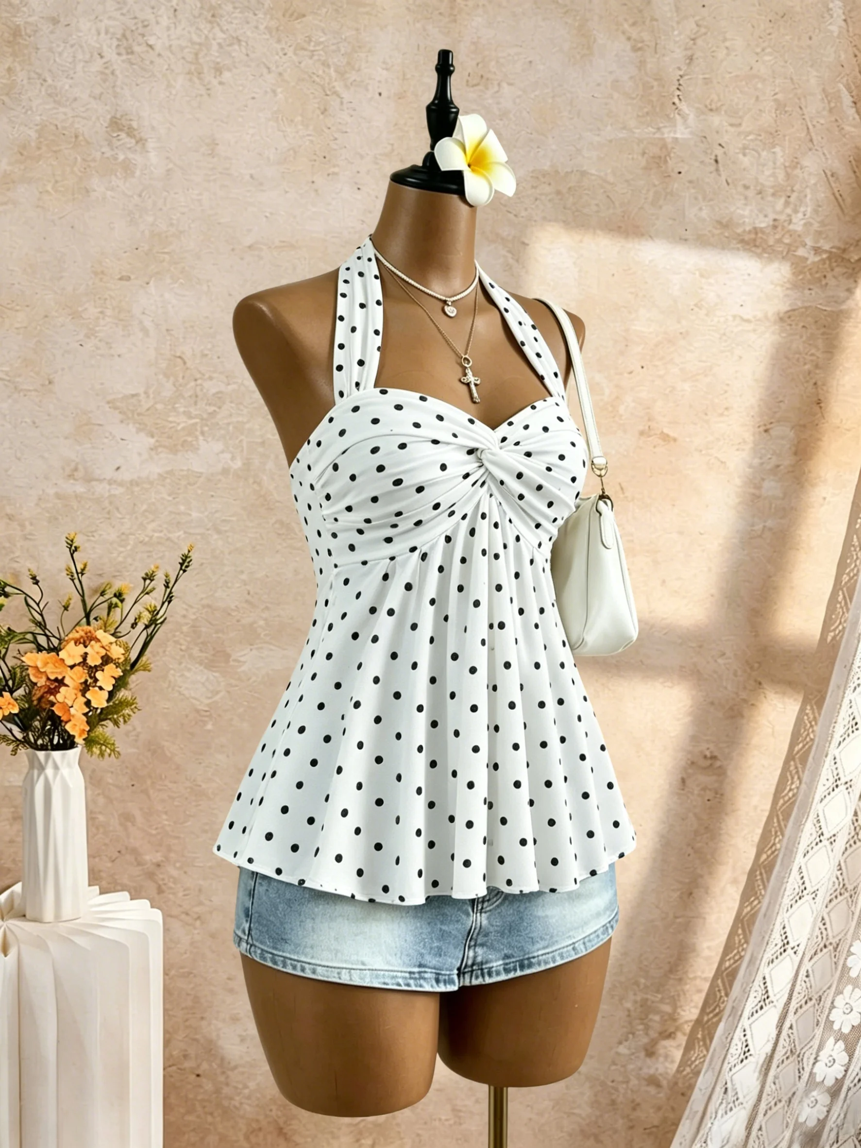 Women Halter Twist Front Sweetheart Neck Flared Peplum Camisole 2026 Summer Y2K Solid White Sleeveless Flowy Beach Vacation Tank