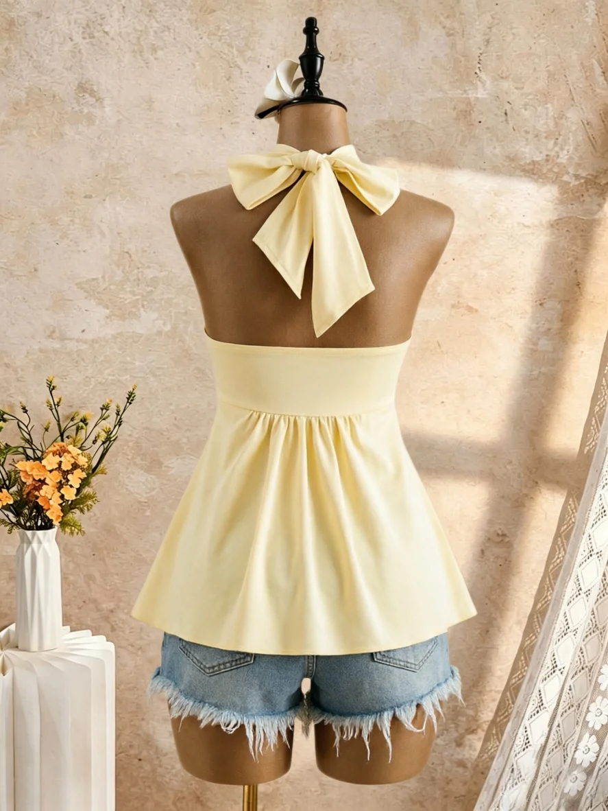 Women Halter Twist Front Sweetheart Neck Flared Peplum Camisole 2026 Summer Y2K Solid White Sleeveless Flowy Beach Vacation Tank