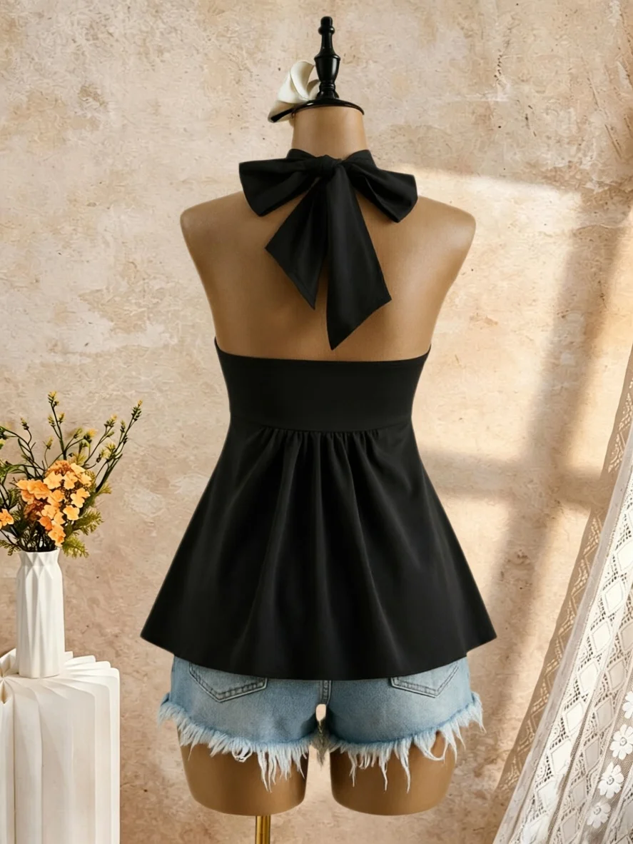 Women Halter Twist Front Sweetheart Neck Flared Peplum Camisole 2026 Summer Y2K Solid White Sleeveless Flowy Beach Vacation Tank