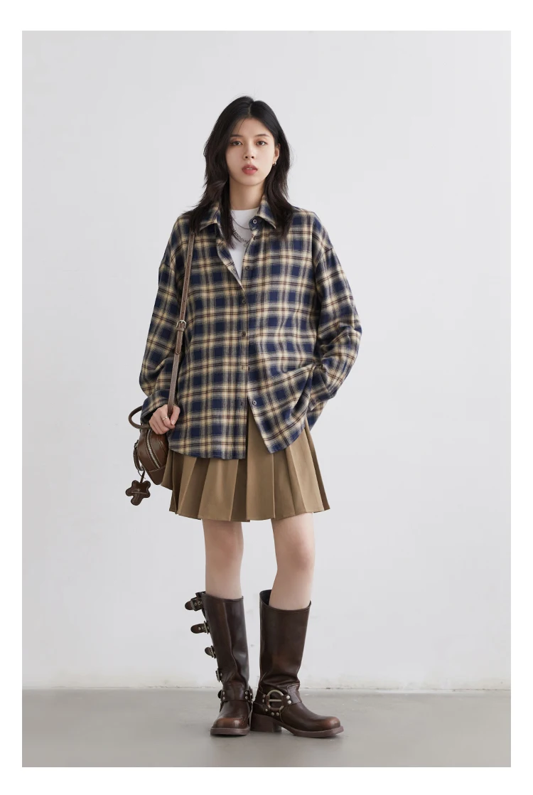 CHIC VEN Women Shirts Loose Casual New Sanding Plaid Shirt Long Sleeve Medium Long Length Blouses Female Tops Spring Autumn 2025