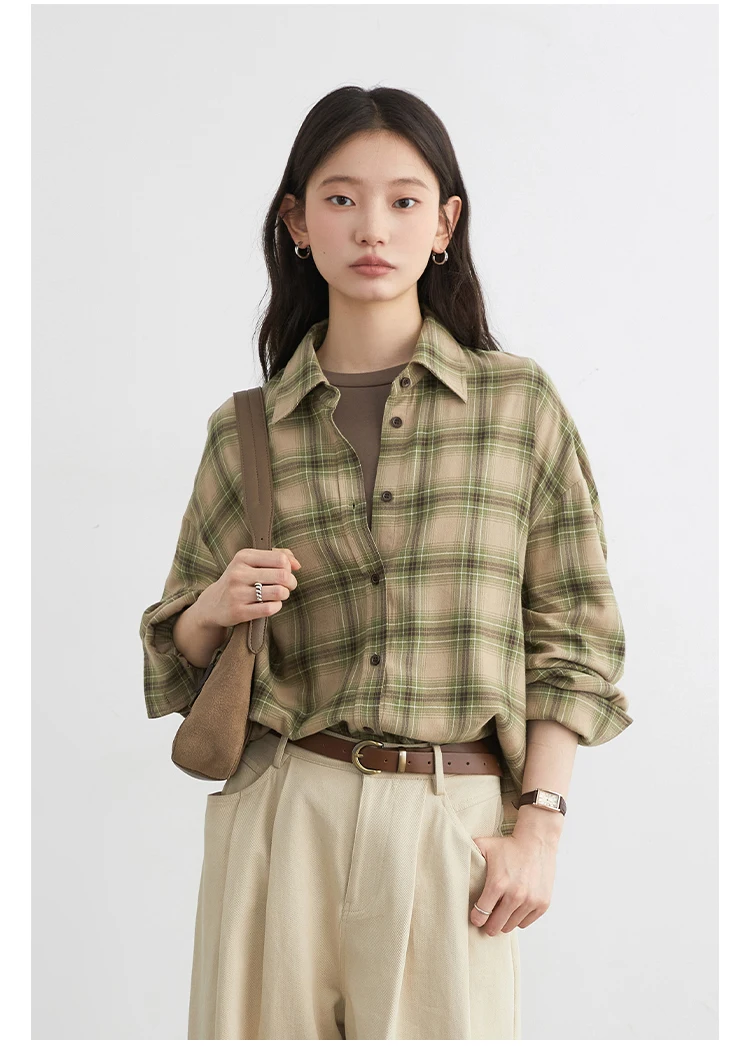 CHIC VEN Women Shirts Loose Casual New Sanding Plaid Shirt Long Sleeve Medium Long Length Blouses Female Tops Spring Autumn 2025