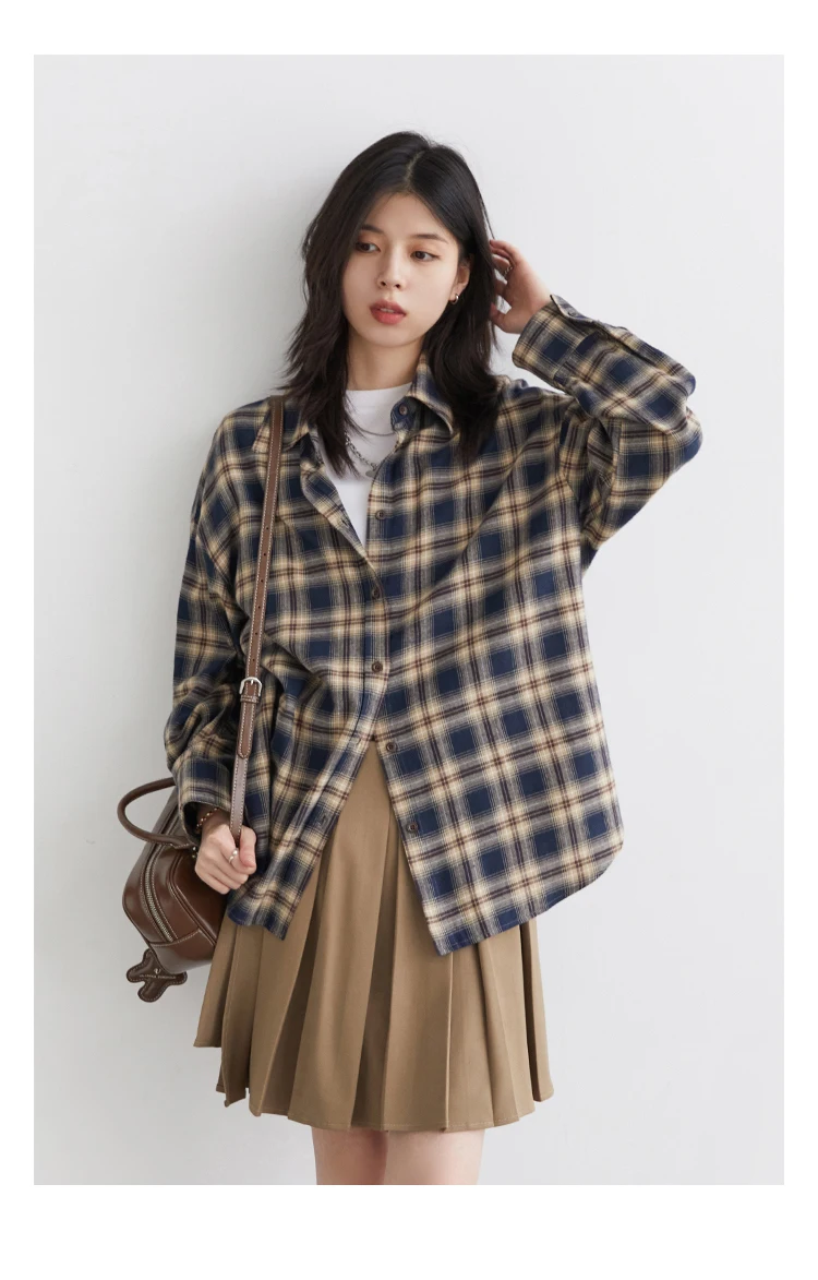 CHIC VEN Women Shirts Loose Casual New Sanding Plaid Shirt Long Sleeve Medium Long Length Blouses Female Tops Spring Autumn 2025