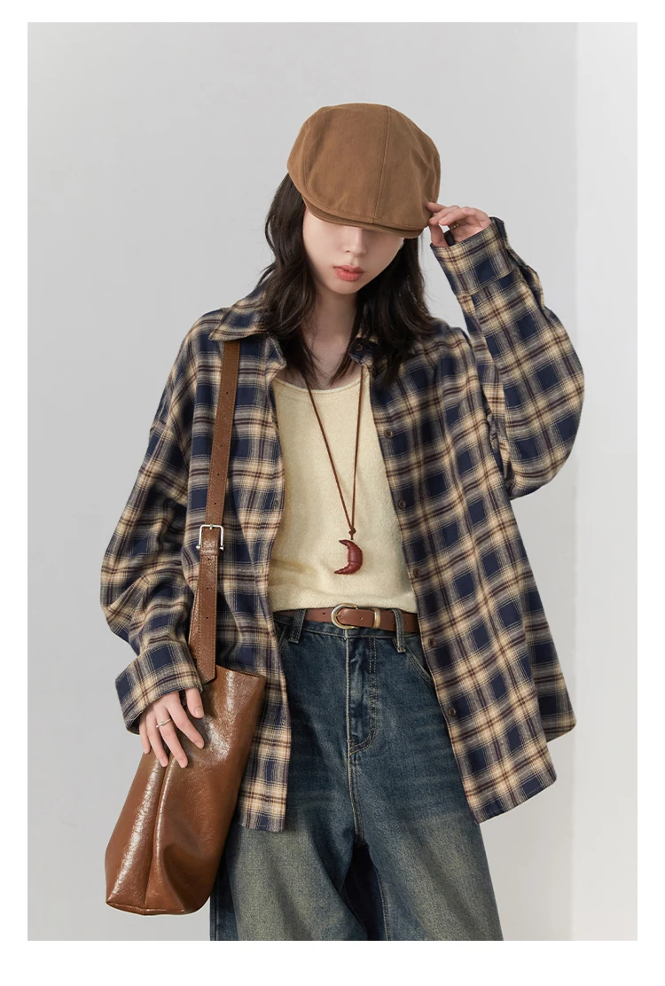 CHIC VEN Women Shirts Loose Casual New Sanding Plaid Shirt Long Sleeve Medium Long Length Blouses Female Tops Spring Autumn 2025