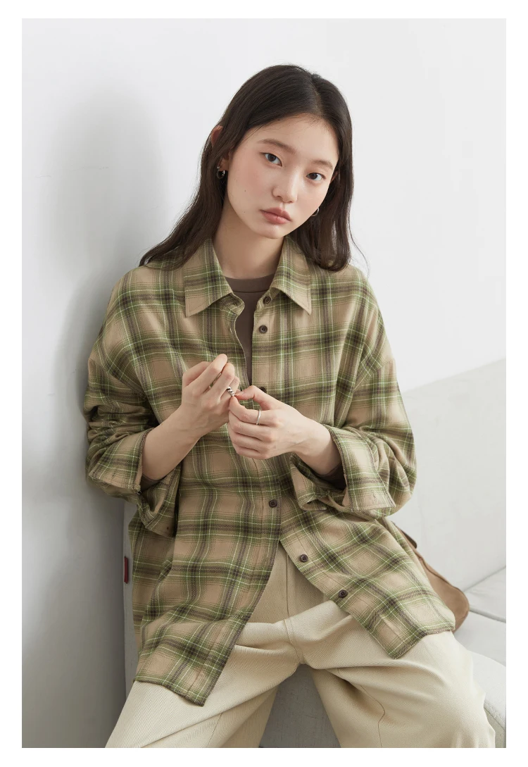 CHIC VEN Women Shirts Loose Casual New Sanding Plaid Shirt Long Sleeve Medium Long Length Blouses Female Tops Spring Autumn 2025