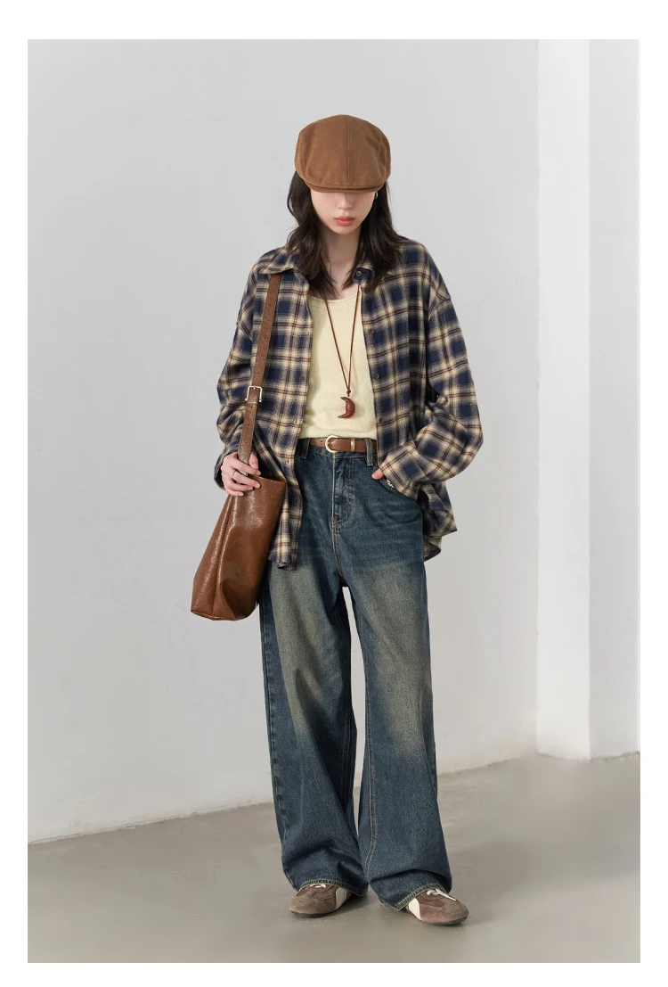 CHIC VEN Women Shirts Loose Casual New Sanding Plaid Shirt Long Sleeve Medium Long Length Blouses Female Tops Spring Autumn 2025