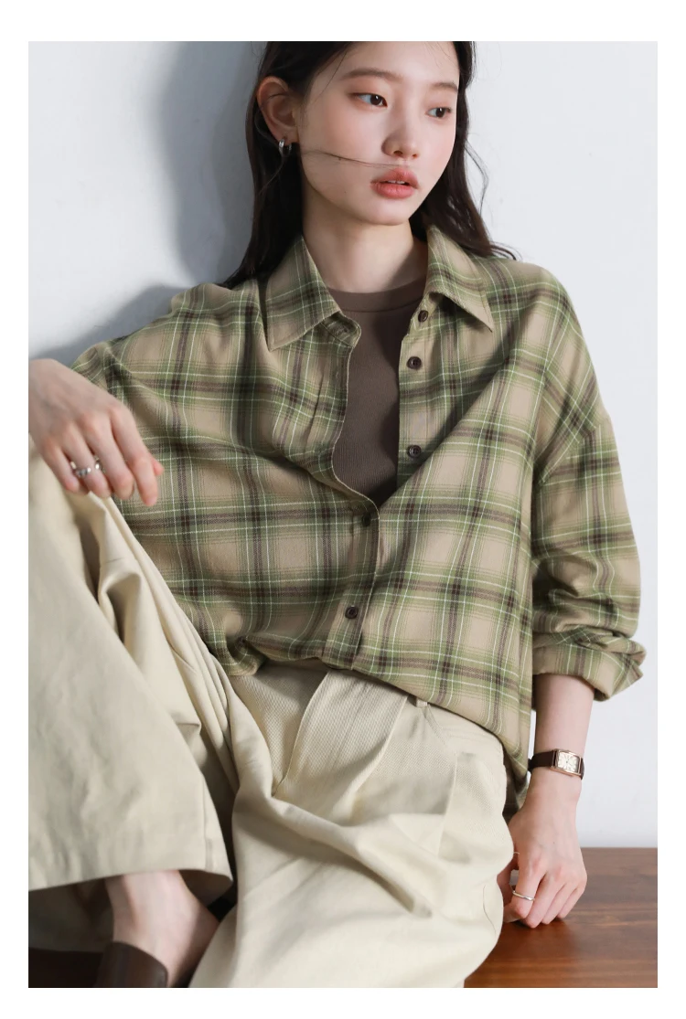 CHIC VEN Women Shirts Loose Casual New Sanding Plaid Shirt Long Sleeve Medium Long Length Blouses Female Tops Spring Autumn 2025
