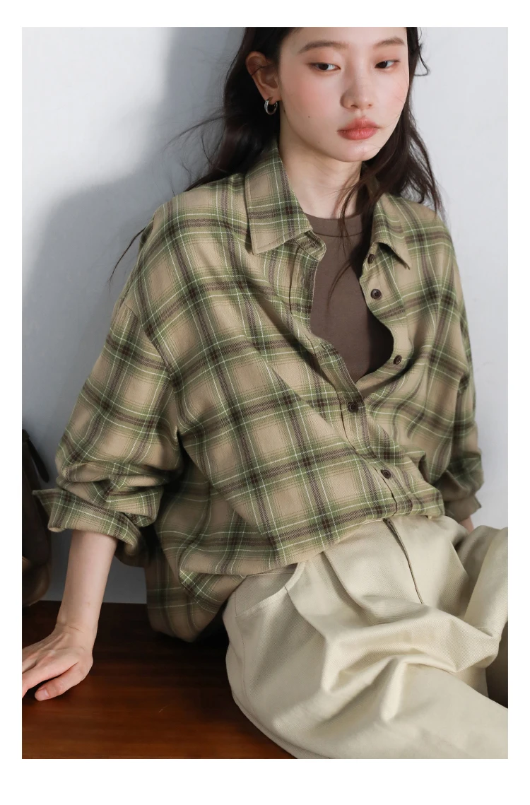 CHIC VEN Women Shirts Loose Casual New Sanding Plaid Shirt Long Sleeve Medium Long Length Blouses Female Tops Spring Autumn 2025