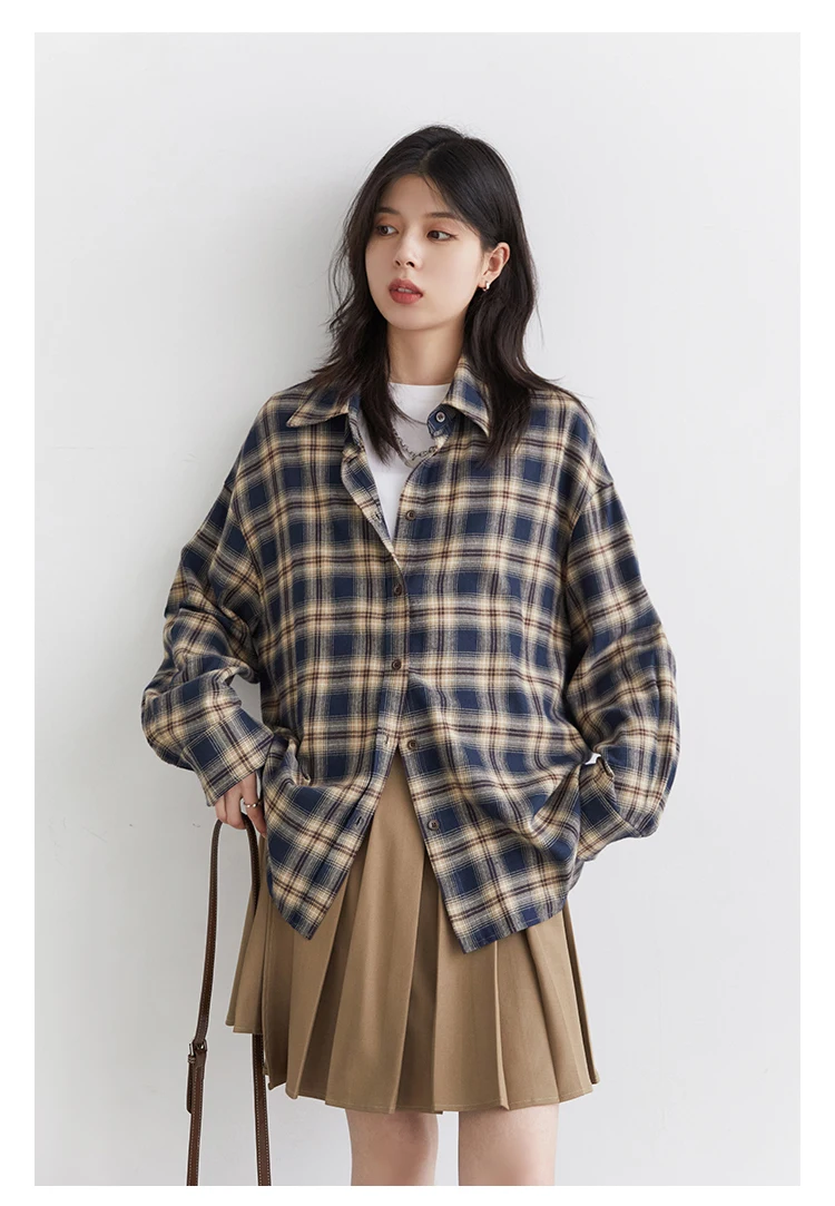 CHIC VEN Women Shirts Loose Casual New Sanding Plaid Shirt Long Sleeve Medium Long Length Blouses Female Tops Spring Autumn 2025