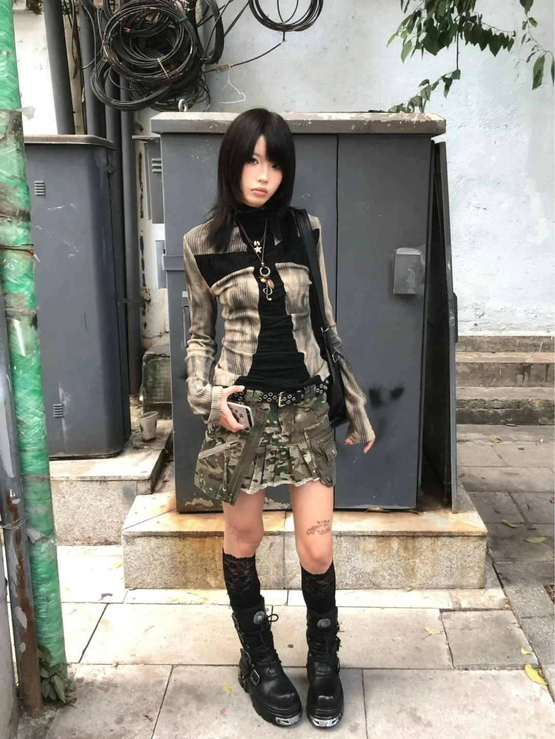 Karrram Japanese Y2k Ribbed Tops Vintage Harajuku Cross Print T-shirt Grunge Aesthetics Long Sleeve Patchwork Tops Trashy 2000s