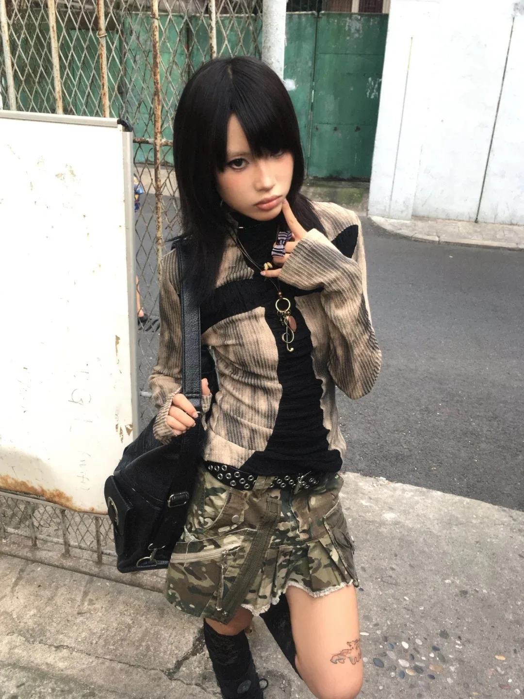 Karrram Japanese Y2k Ribbed Tops Vintage Harajuku Cross Print T-shirt Grunge Aesthetics Long Sleeve Patchwork Tops Trashy 2000s