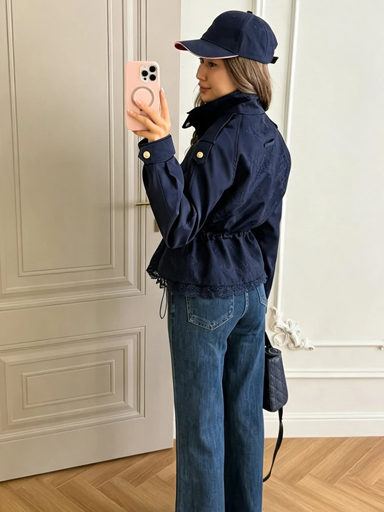 Women Lace Hem Cropped Trench Jacket Stand Collar Epaulet Button Closure Drawstring Waist Side Windbreaker Coat Ladies Outerwear