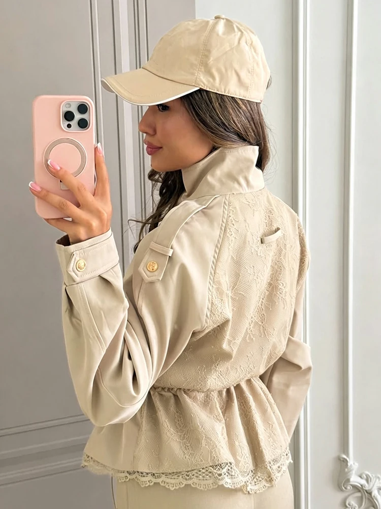 Women Lace Hem Cropped Trench Jacket Stand Collar Epaulet Button Closure Drawstring Waist Side Windbreaker Coat Ladies Outerwear