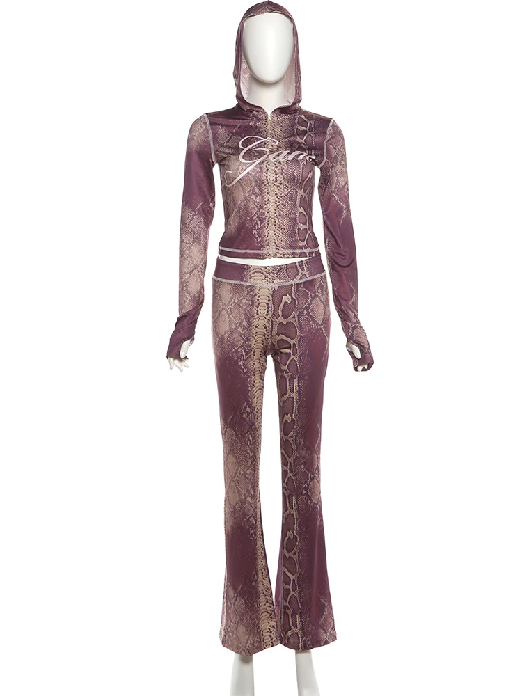 Sisterlinda Letter Tracksuit 2-Piece Set Women Snake Print Patchwork Zip Jacket+Pants Matching Casual Stretch Streetwear Outfits