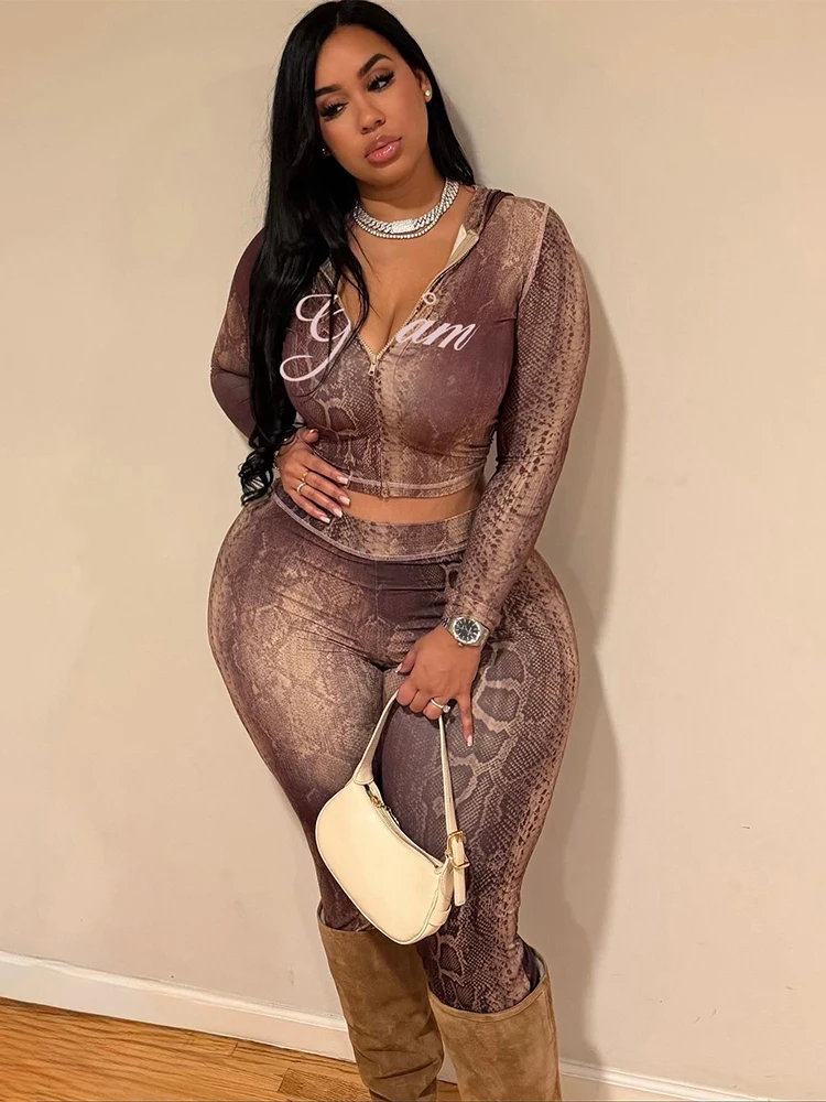 Sisterlinda Letter Tracksuit 2-Piece Set Women Snake Print Patchwork Zip Jacket+Pants Matching Casual Stretch Streetwear Outfits