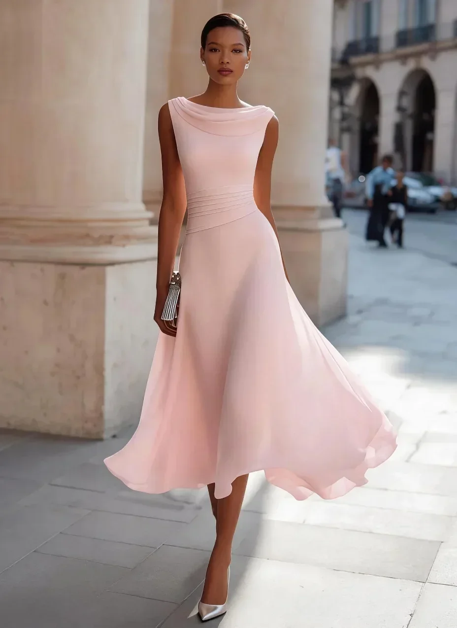 Women Draped Cowl Neck Sleeveless Waist Ruched Midi Dress Elegant Formal Wedding Guest Swing Dress
