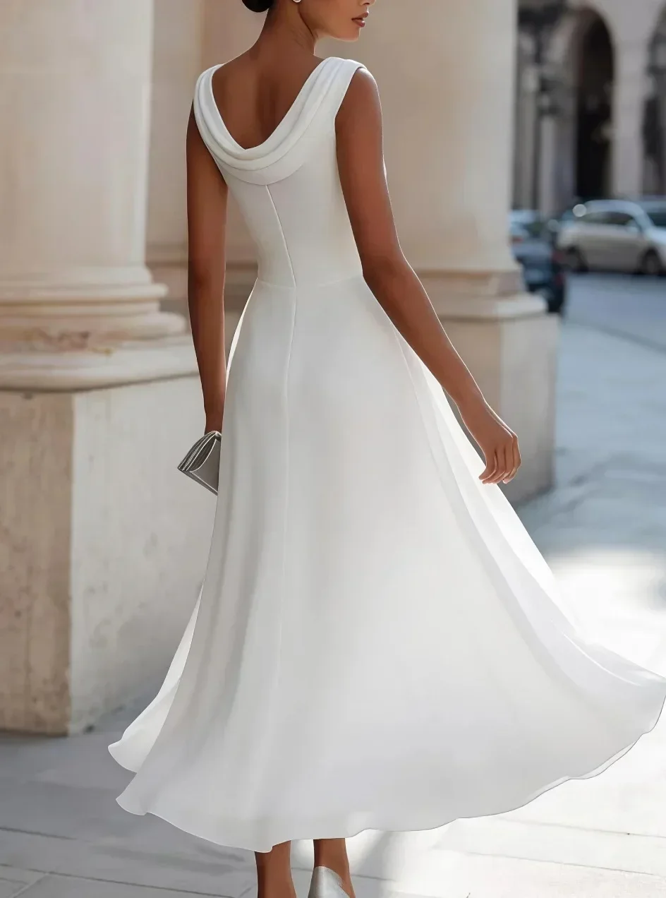 Women Draped Cowl Neck Sleeveless Waist Ruched Midi Dress Elegant Formal Wedding Guest Swing Dress
