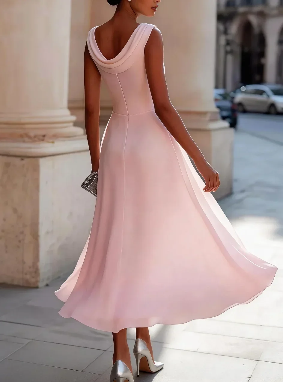Women Draped Cowl Neck Sleeveless Waist Ruched Midi Dress Elegant Formal Wedding Guest Swing Dress